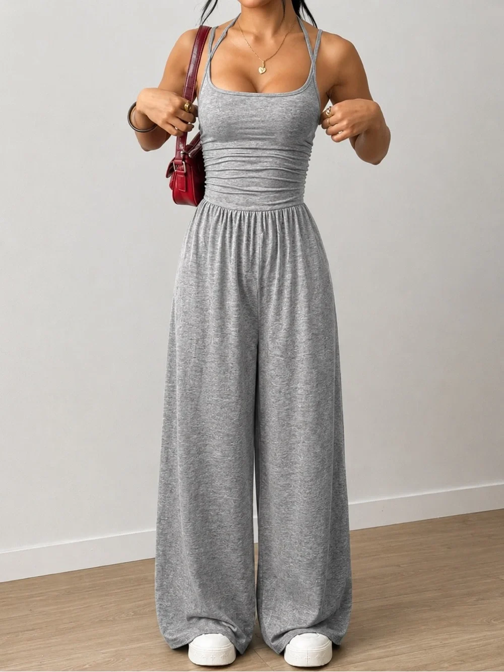 Women's Wide-Leg Jumpsuit in Gray - Sleeveless Casual